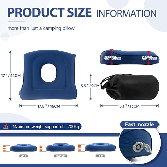 Multifunctional Seat Cushion,Inflatable Head Pillow,Adjustable Donut Pillow,Portable Backrest Cushion:Pressure Relief for Hemorrhoid, Tailbone Pain,Bed Sore,17.5"x17"x3.1"(Blue)