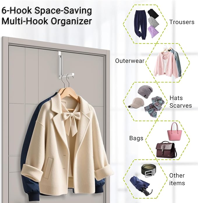 2-Pack Foldable Over-The-Door Hooks, Travel Portable Clothes Drying Rack, 6-Hook Space Saver for Clothing, Coats, Bags, Laundry Room, Bedroom, Bathroom, Entryway, Dorm - White