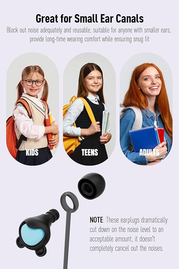 Kids Ear Plugs (6-12 Years) with Lanyard, Kids Ear Protection Reusable Noise Relief Earplugs for Focus, Travel, Concerts, Socializing, Events, Sleep, Anxiety, Stress, Home, School, Playtime - 26 dB