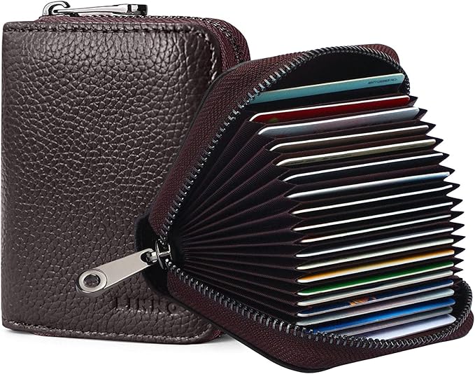 Linno RFID 20 Slots Credit Card Holder Genuine Leather Small Wallet for Women or Men with Zipper