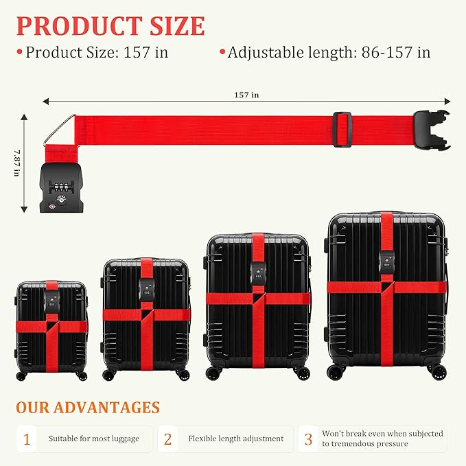 Chelmon Luggage Straps TSA Approved for Suitcases with Luggage Lock, Heavy Duty Adjustable Buckle Belt Anti Burst, Bright Colors Easy to Identify