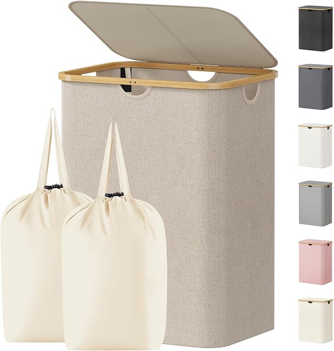Lifewit 150L Laundry Basket with Lid, Clothes Hampers for Laundry with Bamboo Handles and 2 Removable Bag, Large Foldable Laundry Hamper for Bedroom, Bathroom, Dorm, Laundry Room, Beige