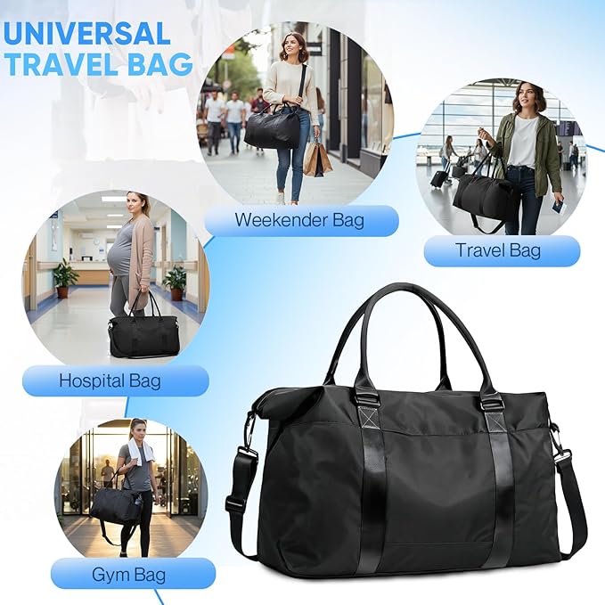 Travel Duffle Bag, Weekender Travel Bag Men Small Gym Bag for Women, Hospital Bag for Labor and Delivery, Overnight Bag Luggage Bag with Trolley Sleeve, Airplane Travel Essentials for Flying(Black)