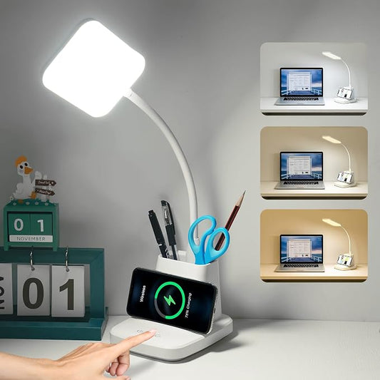 LED Desk Lamp with 10W Wireless Charging & Pen Holder, Snow White | CRI 95, 800LM, Stepless Dimming, 3 Modes, 360°Flexible Arm, Touch, Study Table Lamp for Home Office, Dorm Room, with Adapter