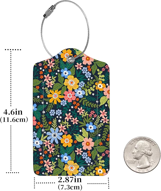 2 Pcs Luggage Tags for Suitcase, Cute Unique PU Leather Travel Bag Tag with Privacy Cover ID Label Address Card and Durable Metal Ring Suitable for Men Women Children Backpack,Flower