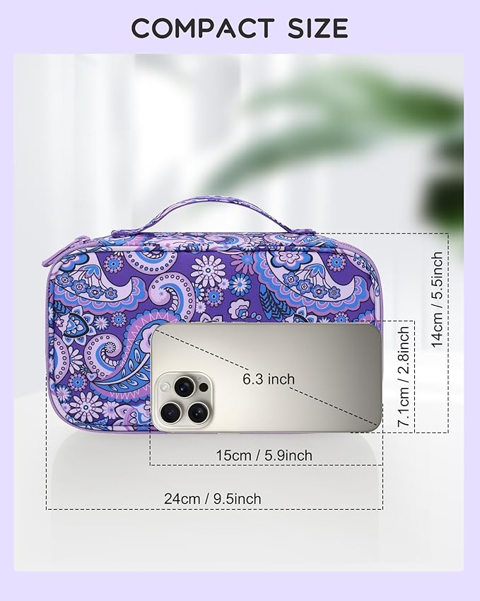 Relavel Travel Makeup Bag, Small Floral Cosmetic Bag with Makeup Brush Compartment, Portable Makeup Pouch for Women, Double Layer Cute Toiletry Organizer Bag, Purple Flower