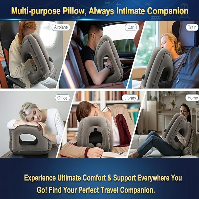 Inflatable Travel Pillows for Airplanes, Blow Up Travel Pillow for Train Office Car with Chin and Neck Support, Inflatable Travel Pillow for Sleep Support with Eye Mask,Storage Bag & Earplugs (Gray)