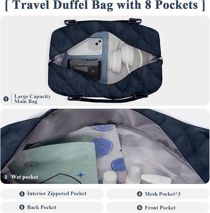 HYC00 Travel Duffel Bag,Carry-on Overnight Weekender Bags for Women,Sports Tote Gym Bag with Wet Pocket