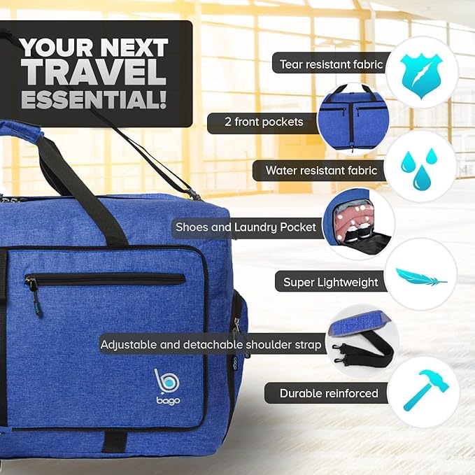 Bago Medium Duffle Bag for Travel Women & Men. Durable Lightweight Foldable Travel Duffel Bags For Traveling Women. 60L Duffle Bags For Overnight Bag With Shoe Compartment Collapsible Weekender duffel