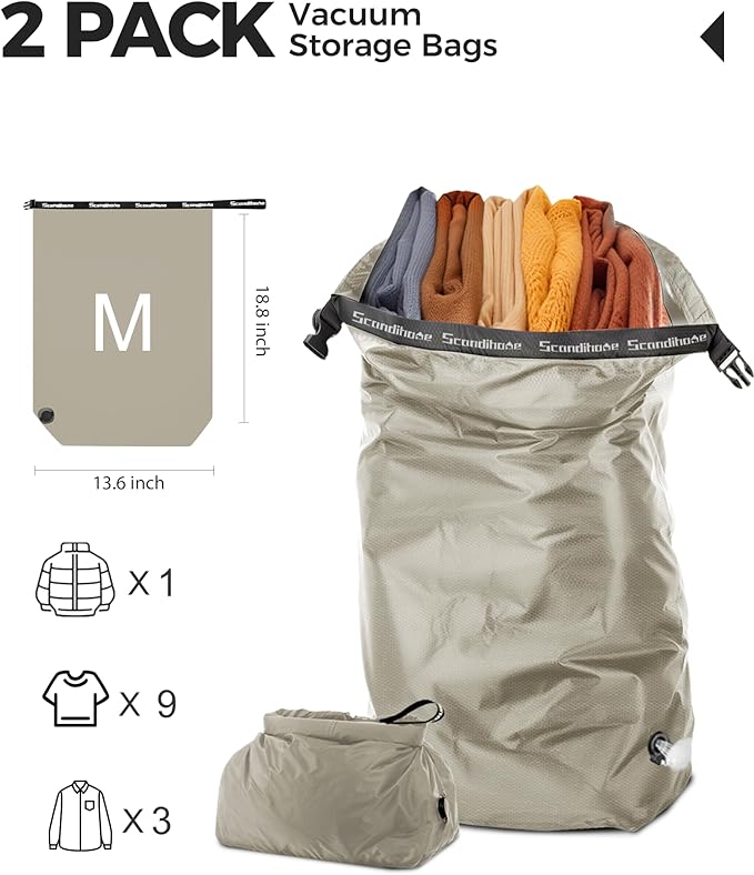 Travel Laundry Bag, Pump Free Vacuum Storage Bag Reusable Compression Dirty Clothes Travel Bag (2 Pcs)(Grey, Large+Large)