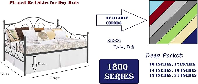 Pleated Bed Skirt with Split Corners for Daybeds - Three Side Coverage - Made with Brushed Microfiber, (Twin Size, White Solid)/16 Inch Drop