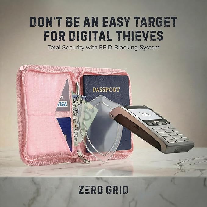 Zero Grid RFID Passport Holder & Travel Wallet, Zippered Wallet for Men & Women, Fits Passport, Cards, Cash, Tickets, ID, Sim Card; Premium & Compact Travel Document Holder - Rose Pink