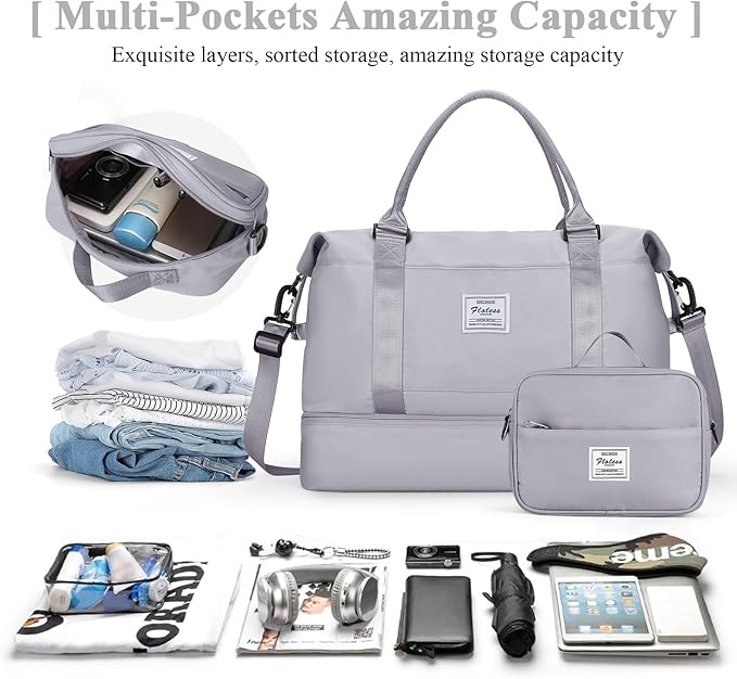 Travel Duffel Bag with Shoes Compartment, Carry on Overnight Weekender Bags for Women, For Spirit Airlines 18x14x8 Personal Item Bag