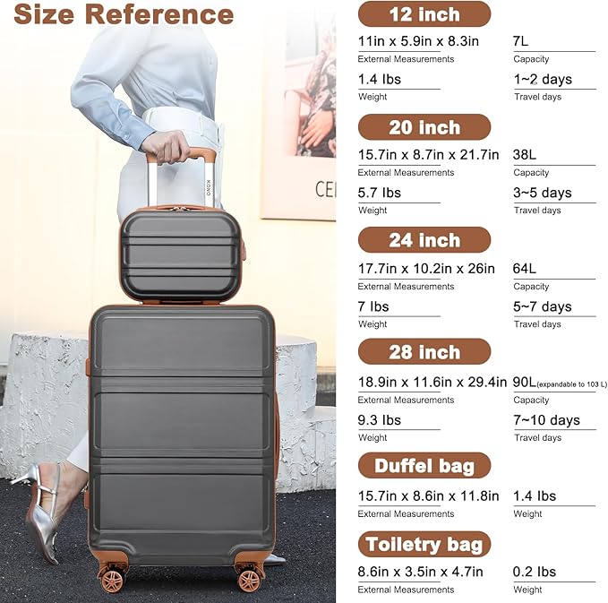 Kono Luggage Set 4 Piece Carry On Hardside Luggage with TSA Lock Spinner Wheels Lightweight PC+ABS Carry On Suitcase Apricot Grey