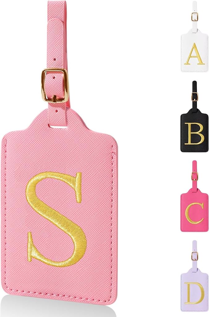 Personalized Initial Luggage Tags for Suitcases,Leather Letter Cute Luggage Tags with Privacy Name Card,Embroidered Monogrammed Travel Bag Backpack Tag Gifts for Women Kids Girls Teens(Pink-S)