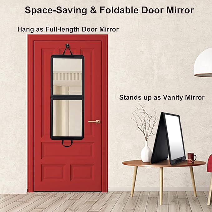 LPHUMEX 33x13 in Portable Mirror Full Length Door Hanging, Black Foldable Shatterproof Full Body Door Mirror for Dancing Bag, Travel