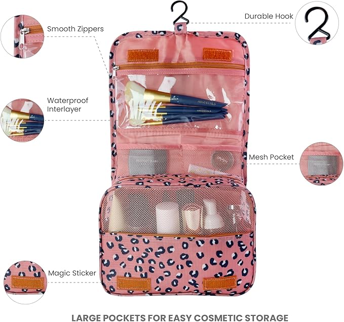 Large Capacity Toiletry Bag Travel Bag with Hanging Hook for Men and Women Waterproof Travel Cosmetic Bag Bathroom Storage Bag for Brushes Set,Full-Sized Shampoo,Accessories -Grey Flamingo