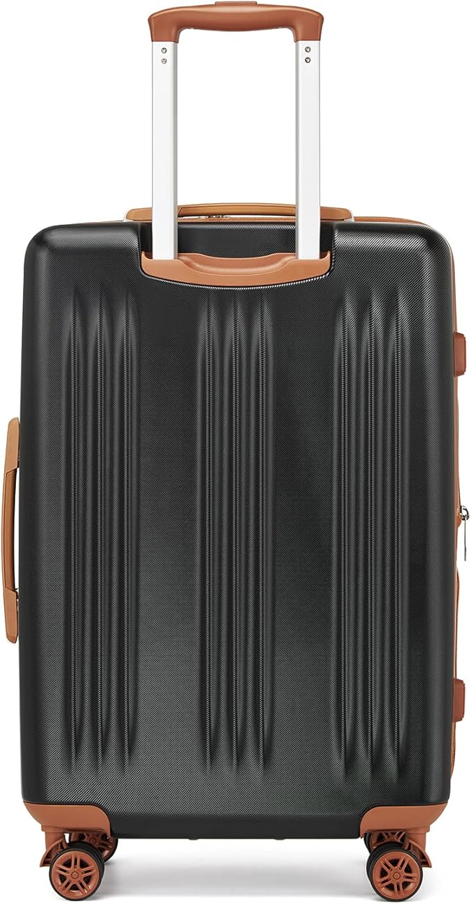 Kono Lightweight 24 Inch Expandable Luggage with Quiet Spinner Wheels TSA Lock, Scratch and Drop Resistant PC+ABS Hardside Durable Medium Checked Suitcase, Black & Brown