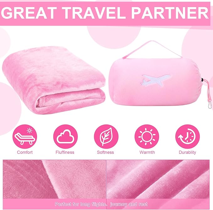 Peryiter 6 Sets Bulk Travel Blanket Pillows for Long Flight Sleeping 50 x 60 Inches Soft Flannel Packable Airplane Flight Blanket 2 in 1 Combo Warm Traveling Plane Essentials(Pink)