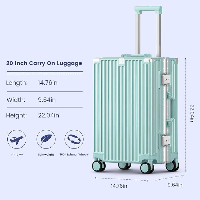20 Inch Carry On Suitcase, Aluminum Frame Zipperless Hard Shell Luggage with Spinner Wheels, TSA Lock, USB Charging Port, Phone Holder, Cup Holder for Business Travel and Trips, Mint Green