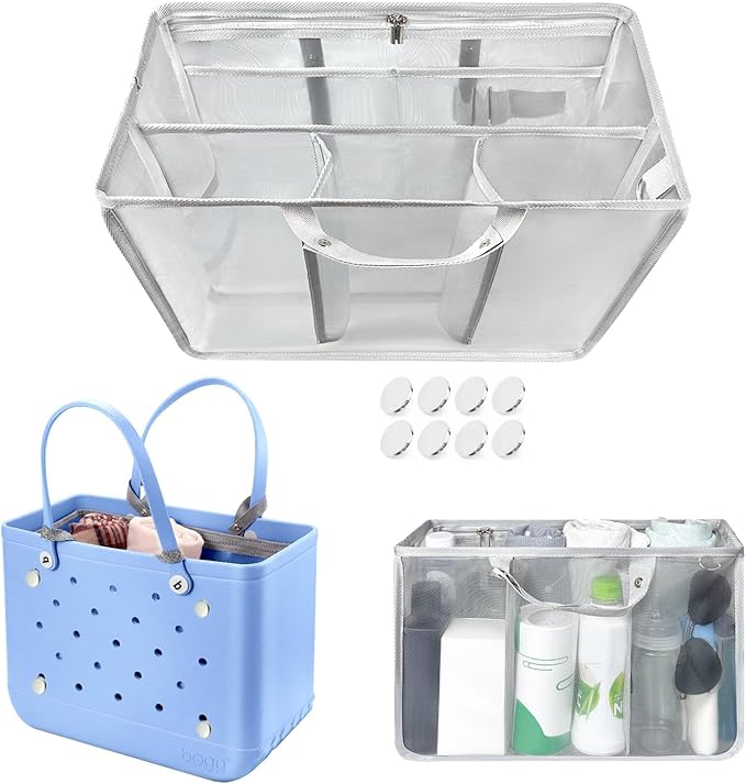 XYFuuee Beach Bag Organizer Inserts for Baby Medium Bogg Bag Accessories with 8 Removable Metal Fasteners, Lightweight Mesh Insert Divider Pouch, Organizing Rubber Tote, Save Storage Space, Gray M
