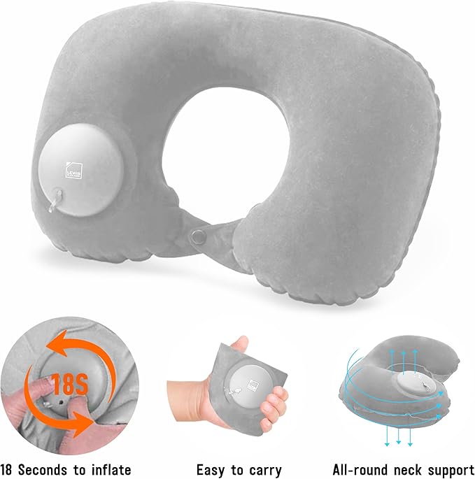 Lewis N. Clark Original Neckrest Inflatable Pillow, Waterproof Neck Pillow for Neck Support at the Beach, Pool + Airport Travel with Fully Adjustable Firmness and Included Carrying Pouch, Grey