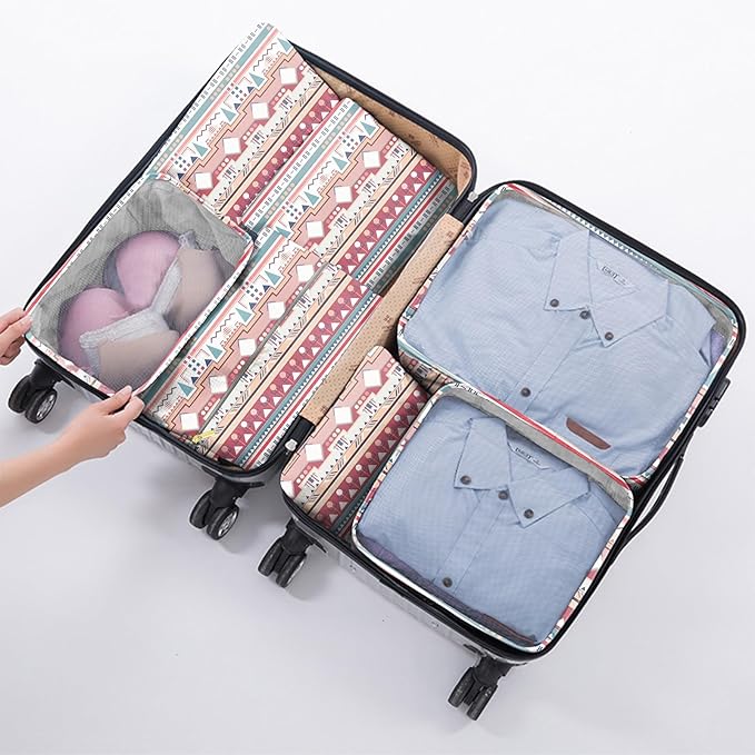 7 Set Packing Cubes Travel Luggage Organizers for Suitcase Travel Accessories with Shoe Bag for Girls Women Aesthetic Cute Boho Bohemian-Pink Blue