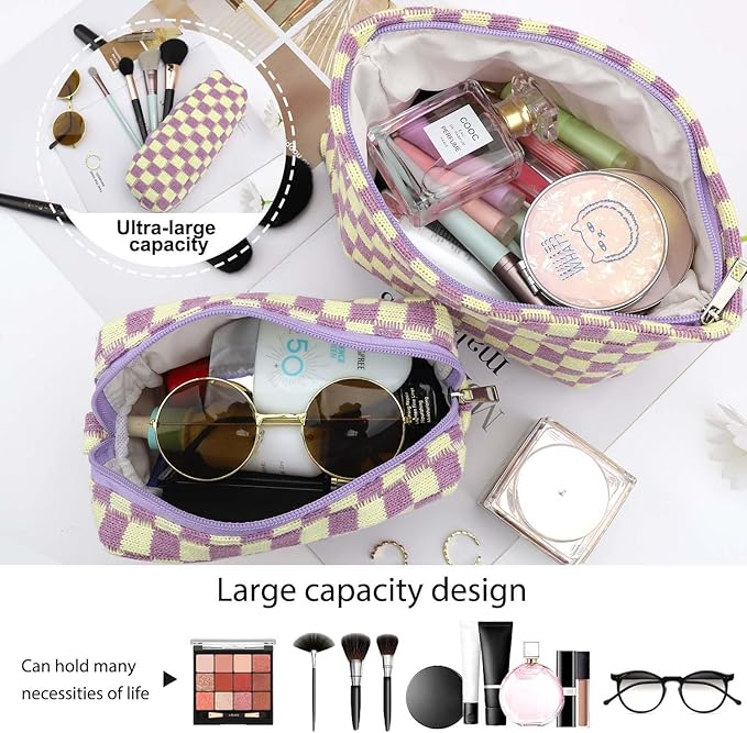 EIMMBD Makeup Bags 3 Pieces Large Capacity Checkered Cosmetic Bag Travel Toiletry Organizer Cute Makeup Pouch Storage for Women(Purple)