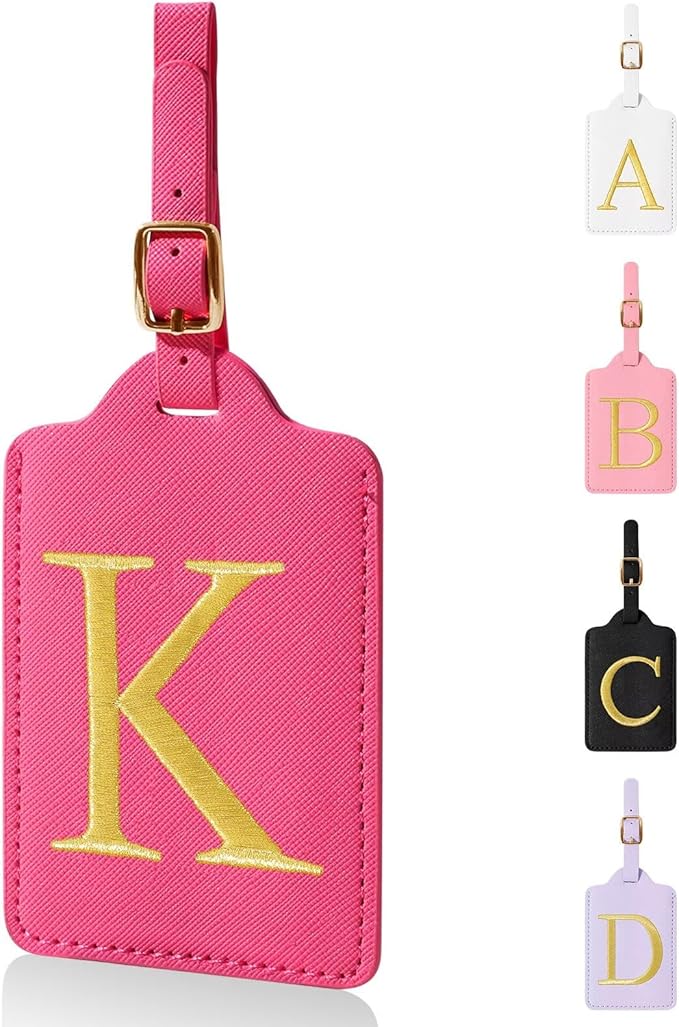 Personalized Initial Luggage Tags for Suitcases,Leather Letter Cute Luggage Tags with Privacy Name Card,Embroidered Monogrammed Travel Bag Backpack Tag Gifts for Women Kids Girls Teens(Rosered-K)