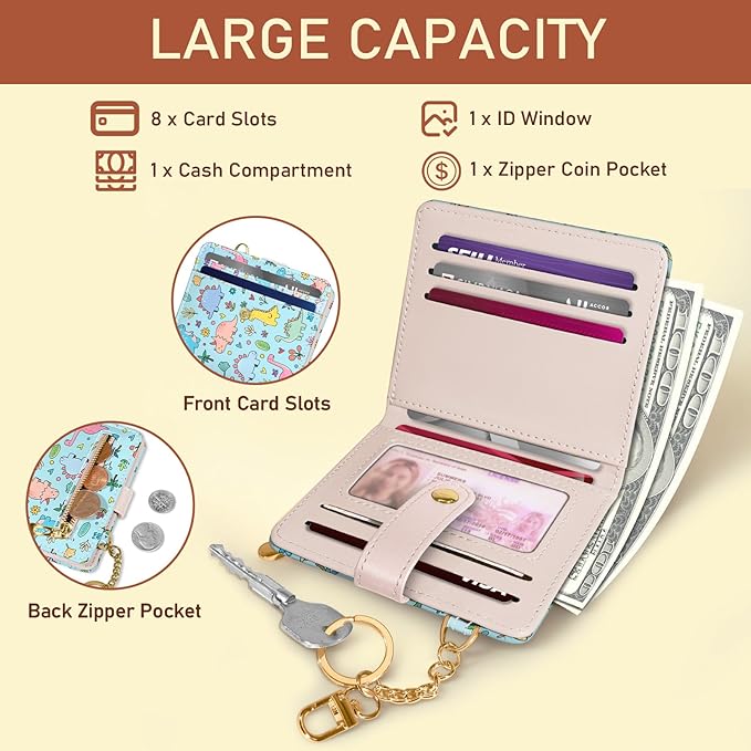Jogjam Cute Dinosaur Rfid Girls Girly Teen Wallet, Small Slim Thin Compact Travel Credit Card Women Wallet, PU Leather Bifold Cash Zipper Coin Pocket ID Window for Female Ladies Gifts