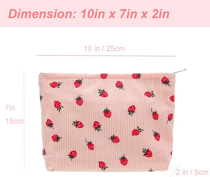 Makeup Bag Large Cotton Zipper Pouch for Purse Travel Canvas Make Up Organizer for Women Cosmetic,Strawberry Pink