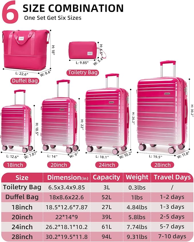 LARVENDER Luggage Sets 6 Piece Hardside Expandable Suitcase with Wheels TSA Lock Double Spinner Wheels, PC+ABS Multicolor Lightweight Travel Luggage Sets for Women, Berry Sparkling