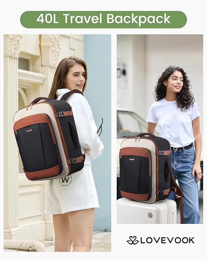 LOVEVOOK 50L Travel Backpack for Women & Men, Airline Approved Carry On Backpack, TSA Personal Item Bag fits 18.0 Inch Laptop, Waterproof Weekender Overnight Bags Suitcase for Work, Black-Brown-Beige