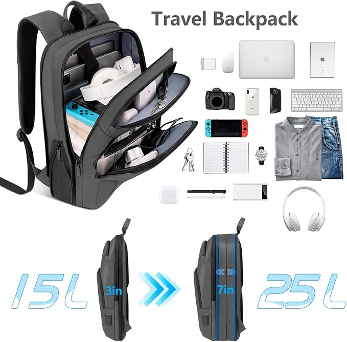 Backpack for Men Slim & Expandable Travel Laptop Backpack with USB Charging Port Water Resistant Anti-Theft Business Backpack Fits 17.3In Laptop for Commute Work College with Small Bag (Simple Gray)