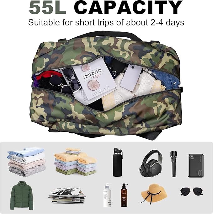 HOLYLUCK Foldable Travel Duffel Bag For Women & Men Luggage Great for Gym -55L, Green Camo