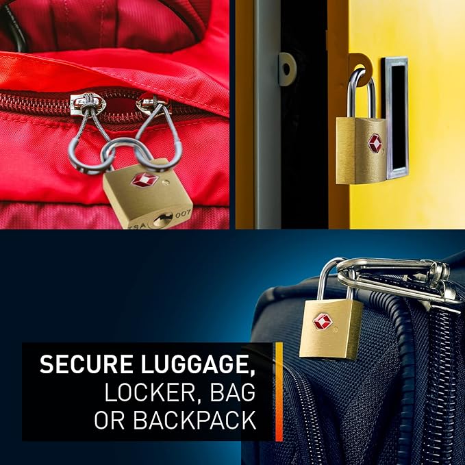 Lewis N. Clark Mini Brass Square TSA Lock + Padlock for Luggage, Suitcase, Carry On, Backpack, Laptop Bag or Purse - Perfect for Airport, Hotel, & Gym, 2 Keys Included - 3 Pack