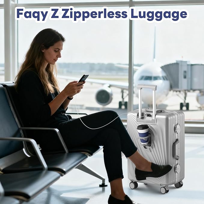 20 Inch Carry On Luggage, Zipperless Luggage with Spinner Wheels, Airline Approved Suitcase with Cup Holder, TSA Lock and USB Charger for Travel, Silver(PC+Aluminum Frame)