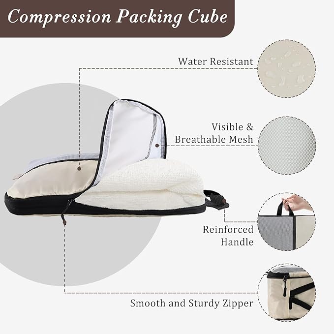 U+U 4 Set Compression Packing Cubes - Ultralight Cream Travel Organizers, Space-Saving Suitcase Organizer, Expandable Packing Cubes for Travel and Family Vacation (Cream)