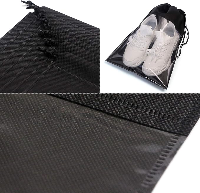 12 Pack Portable Shoe Bags for Travel Large Shoes Pouch Storage Organizer Clear Window with Drawstring for Men and Women Black