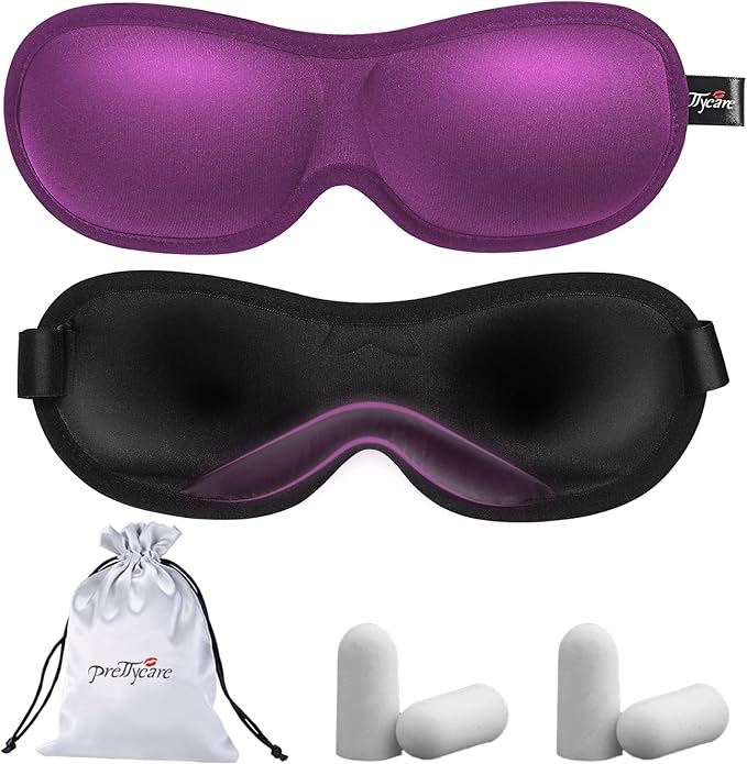 PrettyCare Eye Mask for Sleeping 2 Pack, Sleep Masks for Women Men, 3D Contoured Cup Blindfold Eye Mask, Soft Block Out Light Sleep Mask, for Sleeping, Shift Work, Yoga, Traveling (Black and Purple)