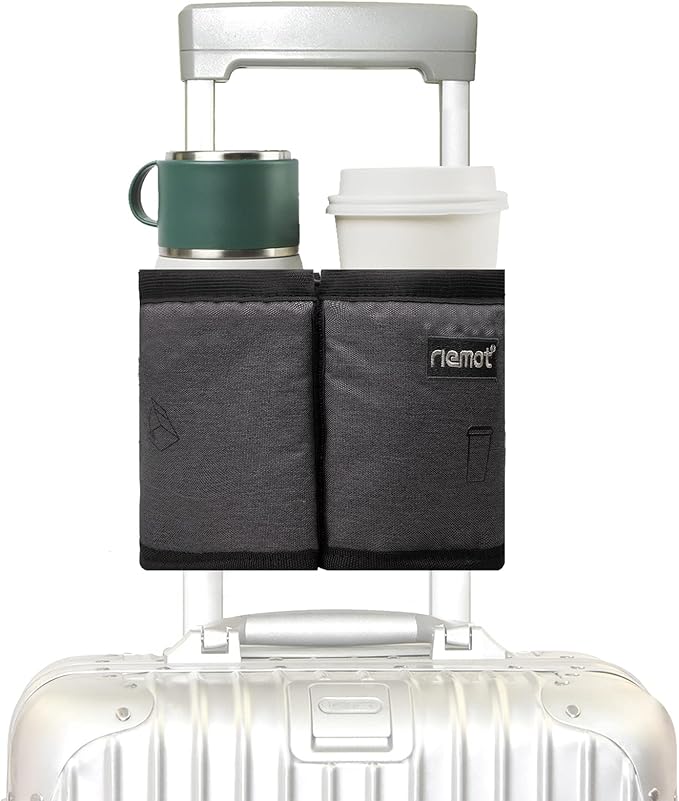 riemot Luggage Travel Cup Holder Free Hand Drink Caddy - Hold Two Coffee Mugs - Fits Roll on Most Suitcase Handles - Gifts for Flight Attendants &Frequent Travelers Accessories Grey