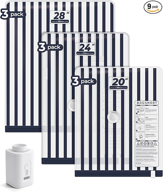 BAGSMART Travel Vacuum Seal Bags with Pump, Jumbo Vacuum Storage Bags for Clothes Blankets Comforters, Space Saver Bags for Travel, Compression Bags for Seasonal Storage-Blue Stripe