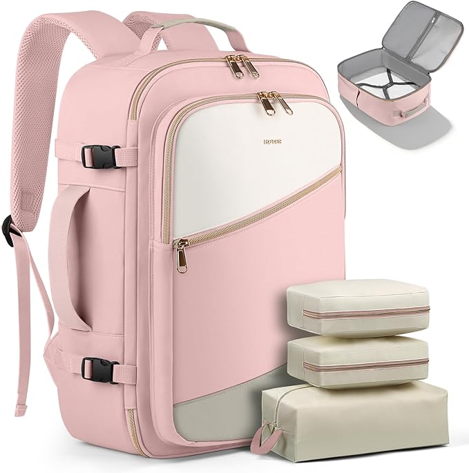 HOTOR Travel Backpack for Women – TSA-Friendly Travel Bag with Multiple Compartments & 3 Packing Cubes, Water-Resistant & Comfortable, Perfect for Travel Essentials, Pink, 17.3" x 13.0" x 7.9"