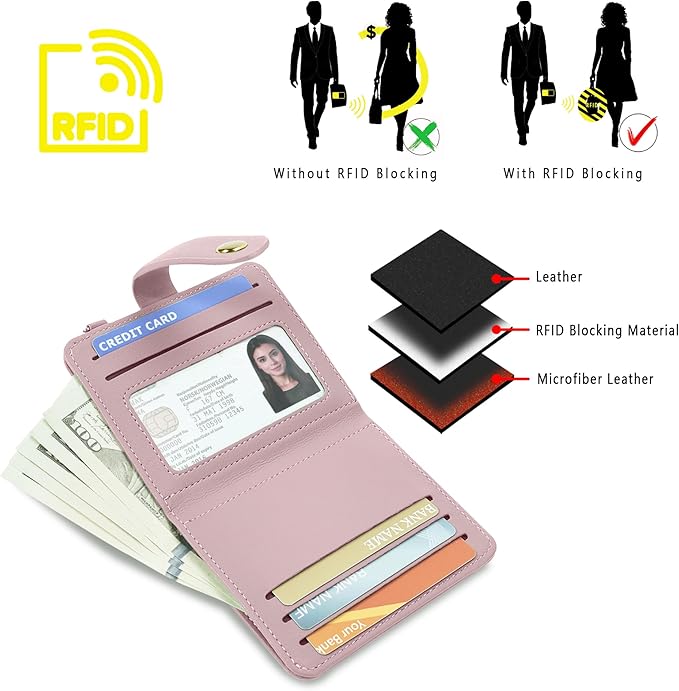 Airkit Small Wallets Woman RFID Blocking Leather Credit Card Holder - with ID Window - Card Wallets for Women - with Zipper Coin Purse - Keychain Wallet