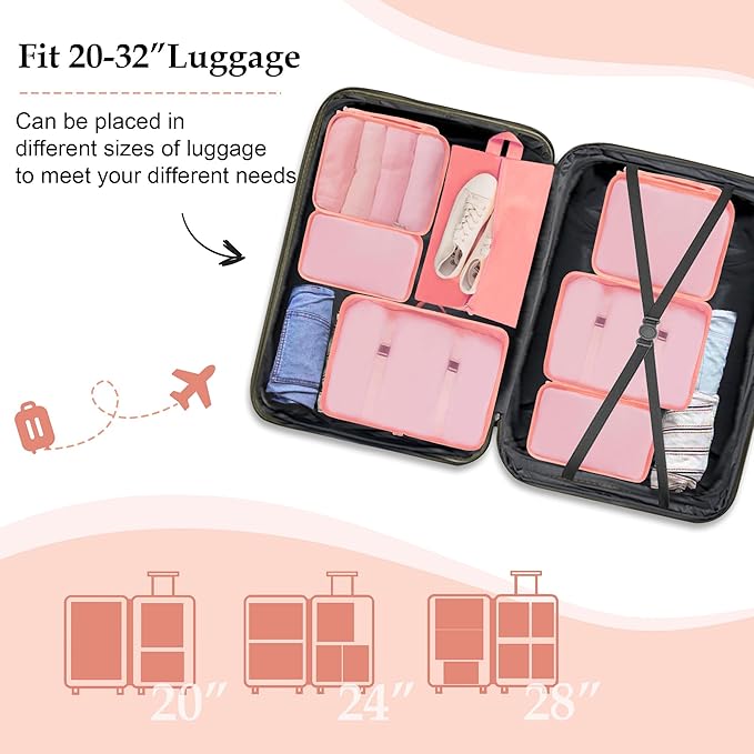 Packing Cubes, 7 Pcs Travel Packing Organizers for Suitcases, Large Capacity Travel Luggage Organizer Set includes 7 Storage Bags, Travel Essentials for Women or Men (Pink)
