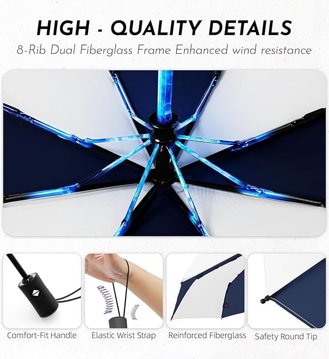 Windproof Travel Umbrella for Rain - 43" Auto Open Close 8-Rib Compact, Stylish Two-Tone Color Block Design, Easy-Close Folding Portable Parasol for Men & Women