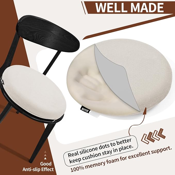 BUYUE Memory Foam Seat Cushion, Dia 16.5" Soft Velvet Round Stool Cushion Anti-Slip Chair Pads, L, Light Grey