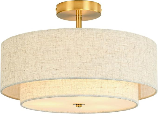 16" Semi Flush Mount Ceiling Light, 3-Light Gold Drum Ceiling Light Fixture | 2-Tier Fabric Linen Shade Design, Farmhouse Chandelier for Dining Room, Living Room, Bedroom, Kitchen, Hallway, Entryway