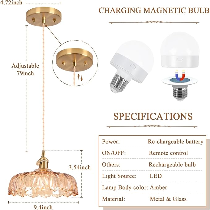 Battery Operated Pendant Light,Vintage Light Fixtures 2500mAh 9.4in RGB Light Bulb Amber Modern Chandelier with Remote Control Wireless Adjustable Rechargeable Chandelier for Kitchen Island 1Light