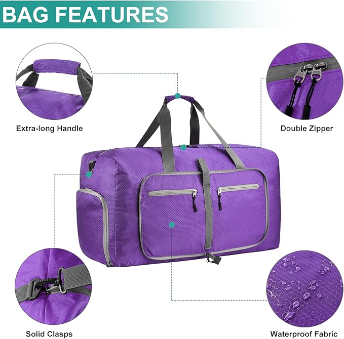 Dimayar Travel Duffle Bag for Men Women - Foldable Duffel Bag with Shoes Compartment - Overnight Bags Waterproof & Tear Resistant(85L,Purple)